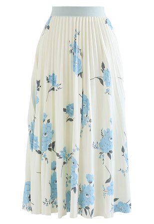 High-Waisted Floral Pleated Midi Skirt in Light Yellow - Retro, Indie and Unique Fashion