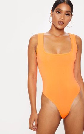 Neon Orange Scoop Neck Sleeveless Bodysuit | PrettyLittleThing