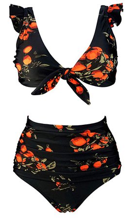 Amazon.com: COCOSHIP Women's Retro Floral High Waisted Shirred Bikini Set Tie Front Closure Top Ruffle Swimsuit(FBA): Gateway