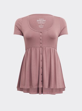 Super Soft Mauve Pink Button Front Babydoll Tee - Plus Size | Torrid