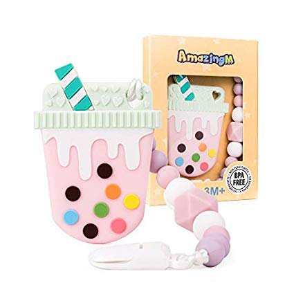 Amazon.com: AmazingM Baby Teething Toys,Food Grade Silicone Teether Toy with Pacifier Clip Holder,BPA Free,Freezer Safe, (Bubble Tea) (Pink): Toys & Games