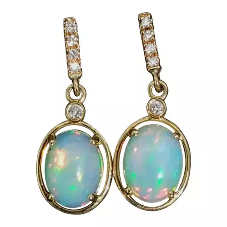 1.63ct Dangly Opal Drops w Diamond Accents in 14k Solid Yellow Gold Oval 10x8mm For Sale at 1stDibs