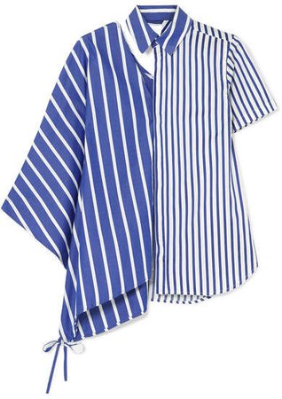 Asymmetric Cutout Striped Cotton-poplin Shirt - Blue