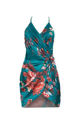 Emerald Green Floral Print Satin Wrap Bodycon Dress | PrettyLittleThing