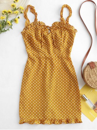 [28% OFF] [HOT] 2019 Smocked Polka Dot Ruffle Straps Dress In YELLOW | ZAFUL Europe