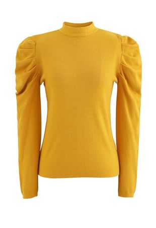 Mock Neck Bubble Sleeves Knit Top in Yellow - Retro, Indie and Unique Fashion