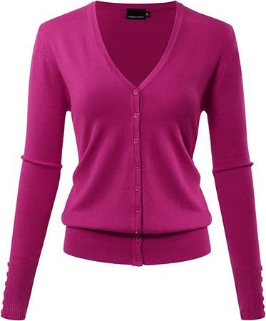 Women's Long Sleeve Button Down Classic V-Neck Knit Cardigan Sweater S Magenta at Amazon Women’s Clothing store