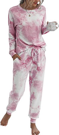 Angashion Women’s Tie Dye Pajamas Set Long Sleeves Two Pieces Pullover Tops and Pants PJ Sets Joggers Sleepwear Loungewear Pink White S at Amazon Women’s Clothing store