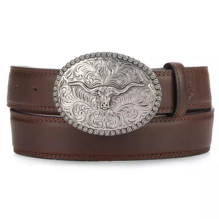 AndWest Men's Brown with Silver Longhorn Buckle Western Belt available at Cavenders