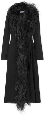 Feather-trimmed Silk-crepon Wrap Dress - Black