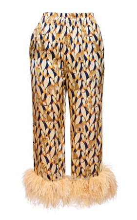 Feather-Trimmed Printed Silk Pants By Banke Kuku | Moda Operandi