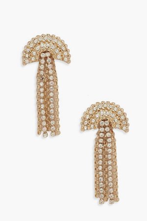 Fan Diamante & Chain Statement Earrings | Boohoo