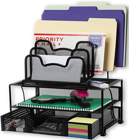 Amazon.com : SimpleHouseware Mesh Desk Organizer with Sliding Drawer, Double Tray and 5 Stacking Sorter Sections, Black : Gateway