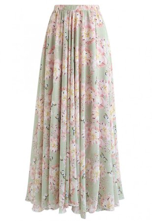 Butterfly and Floral Print Chiffon Maxi Skirt in Pistachio - Skirt - BOTTOMS - Retro, Indie and Unique Fashion