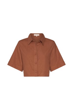 Maja Button Up Cropped Linen Shirt - Brown - MESHKI