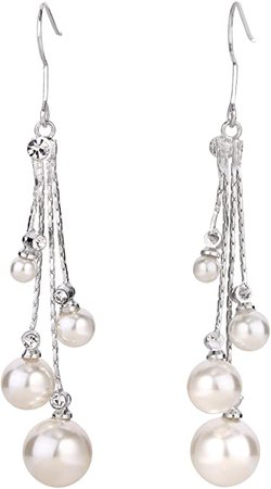 Amazon.com: EleQueen Women's Silver-tone Crystal Simulated Pearl 4 Chain Bridal Long Dangle Hook Earrings Ivory Color: Clothing