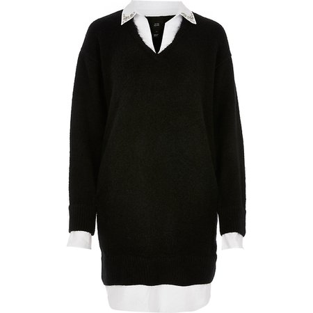 Black embellished jumper shirt dress | River Island