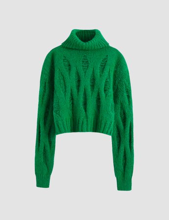Green Turtleneck Ripped Knit Sweater – Juicici