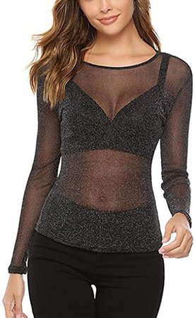 Women Sheer Mesh Glitter Sequin T Shirt/Bodysuit See Through Long Sleeve Turtleneck Sparkle Tee Blouse Tops Clubwear (S-Brown, XL) at Amazon Women’s Clothing store