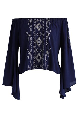 Chic Wish Softly Boho Off-shoulder Top in Navy - ShopperBoard