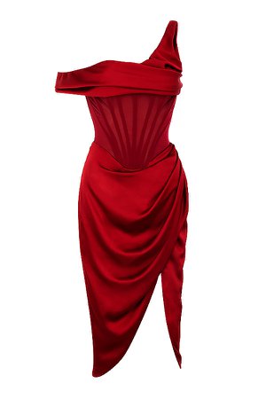 Clothing : Midi Dresses : 'Lulu' Red Asymmetric Drape Midi Corset Dress