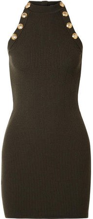 Button-embellished Ribbed Wool-blend Mini Dress - Army green