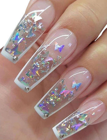 clear butterfly glitter nails with white trim