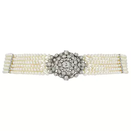 Late Georgian Six-Row Natural Pearl and Diamond Collar Necklace For Sale at 1stDibs | georgian pearl necklace, collar six, georgian collar