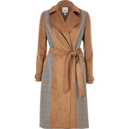Petite brown check belted trench coat | River Island