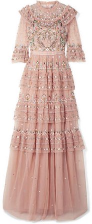 Paradise Tiered Embroidered Tulle Gown - Antique rose