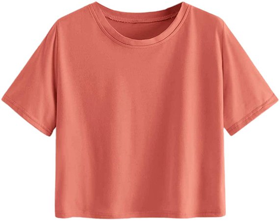 MakeMeChic Women's Short Sleeve Cute Print Crop Top Summer Tee Shirt Light Orange L at Amazon Women’s Clothing store