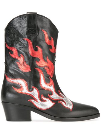 Chiara Ferragni 50mm Flames Leather Cowboy Boots In Black/red | ModeSens