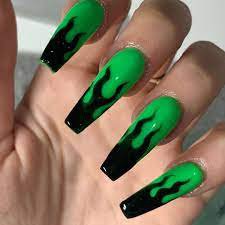 green and black nails - flames