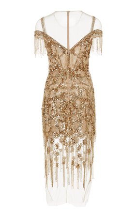 Pamella Roland Gold Sequin Confetti And Linear Crystal Dress