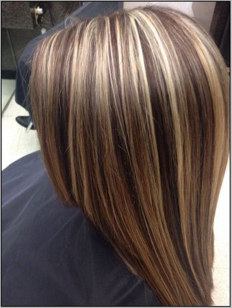 brown hair with chunky blonde and auburn highlights