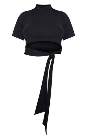 Black High Neck Tie Crop T Shirt | Tops | PrettyLittleThing