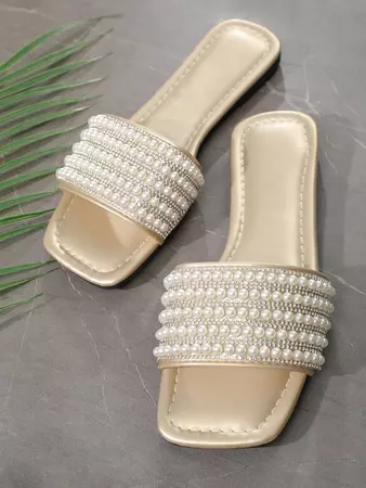 Women's Faux Pearl Decor Metallic Color Flat Heel Slide Sandals In CHAMPAGNE GOLD | ZAFUL 2024