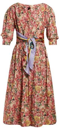 Scarf Belt Floral Print Crepe Dress - Womens - Pink Multi