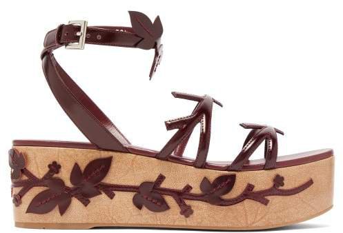 Floral Applique Flatform Leather Sandals - Womens - Burgundy