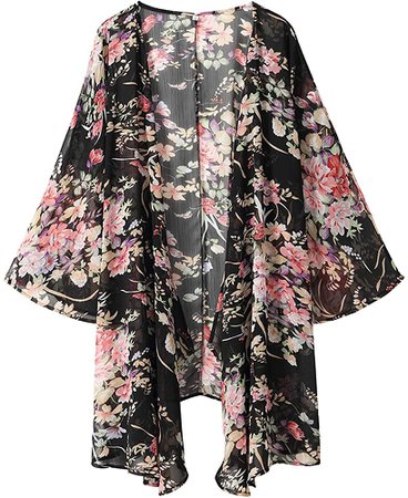 OLRAIN Women's Floral Print Sheer Chiffon Loose Kimono Cardigan Capes (XX-Large, Black Pink) at Amazon Women’s Clothing store