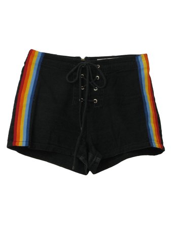 Retro 1990s Pants: 90s -Plugg- Womens black, red, orange, yellow and shaded blue side seam stripe print thick cotton high waist wicked 90s short shorts with back zip closure, front lace front faÃ§ade and darted rear.