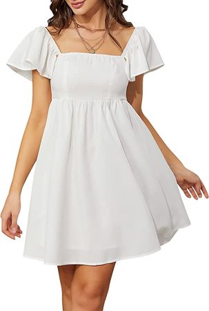 Amazon.com: EXLURA Womens Casual Short Sleeve Square Neck Cap Sleeve Dress High Waist A-Line Casual Smocked Back Mini Dresses : Clothing, Shoes & Jewelry
