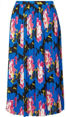 Pleated Floral-print Crepe Midi Skirt - Cobalt blue