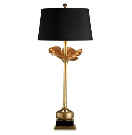Contemporary Ginkgo Leaf Black and Brass Silk Lamp- 32 Inch