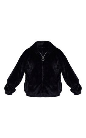 Black Faux Fur Balloon Sleeve Hooded Jacket | PrettyLittleThing USA