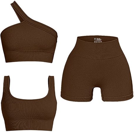 Amazon.com: OQQ Women's 3 Piece Outfits Ribbed Seamless Exercise Scoop Neck Sports Bra One Shoulder Tops High Waist Shorts Active Set Beige : Clothing, Shoes & Jewelry