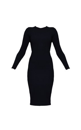 Black Washed Rib Long Sleeve Open Back Midi Dress | PrettyLittleThing USA