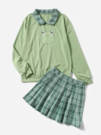 Cartoon Frog Graphic Sweatshirt & Plaid Skirt | ROMWE USA