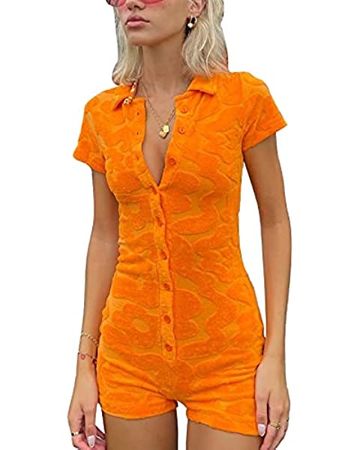 Amazon.com: KMBANGI Short Sleeve Jumpsuit for Women Bodycon Sexy V Neck Buttons Rompers Shorts Knitted One Piece Bodysuit Overall : Clothing, Shoes & Jewelry
