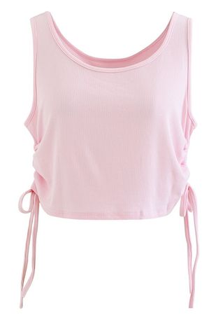 Drawstring Ribbed Cropped Tank Top in Pink - Retro, Indie and Unique Fashion